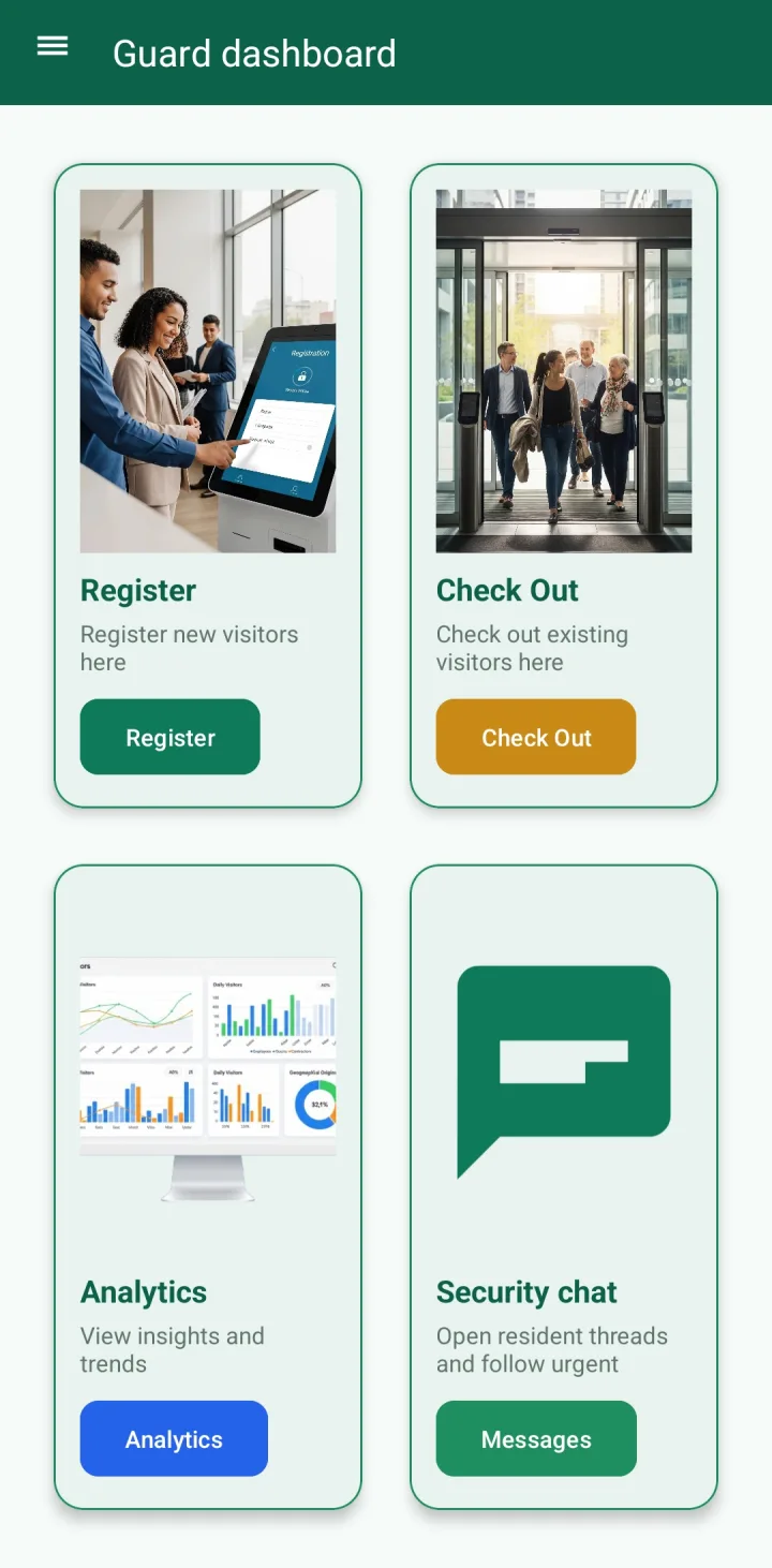 GuestPass guard dashboard for gate teams to register arrivals, check visitors out, review analytics, and open security chat