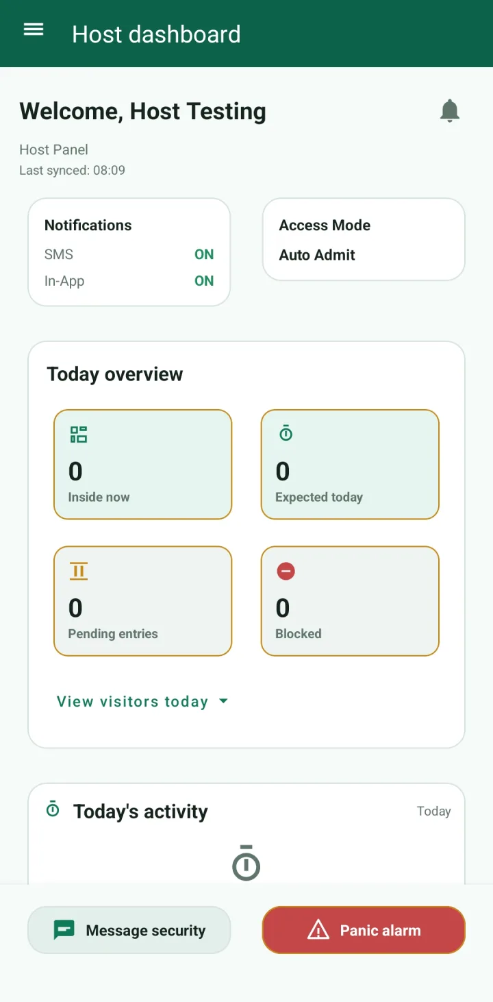 GuestPass host dashboard for controlling visitor notifications, auto admit mode, daily visitor counts, security messaging, and panic alarm actions