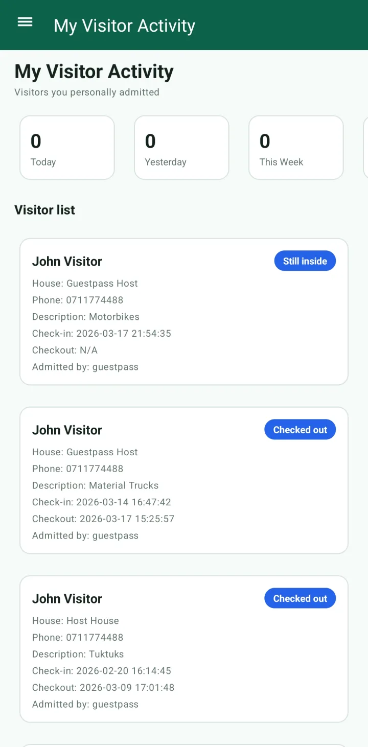 GuestPass My Visitor Activity screen for guards to review personally admitted visitors, visit details, and check-in or checkout status