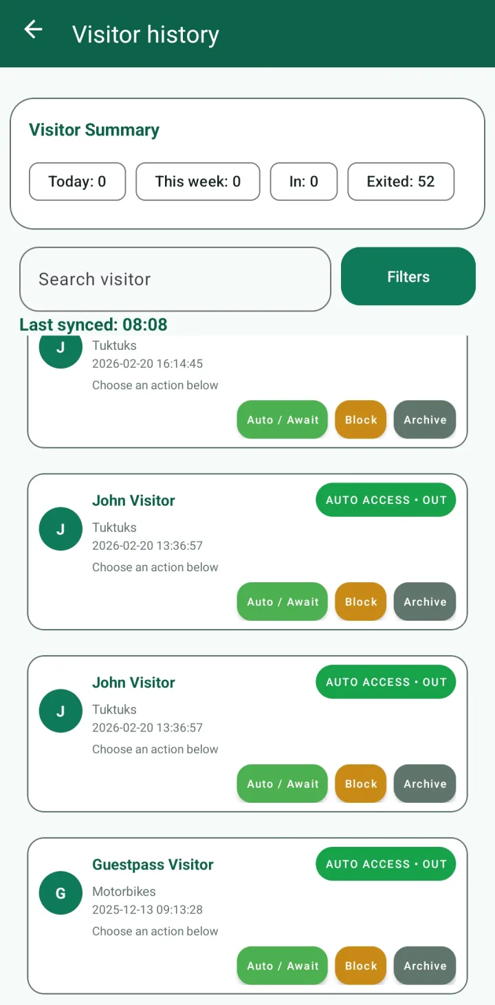 GuestPass visitor history screen for searching visitor records, filtering visits, changing access mode, blocking visitors, and archiving records