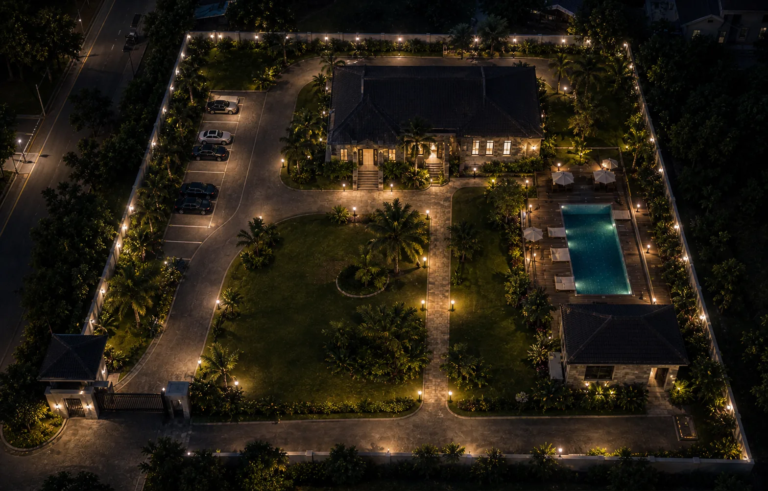 Aerial night view of a property with a clubhouse, parking area, pool, gate, and perimeter paths used for Guardian Assist guard patrol tracking