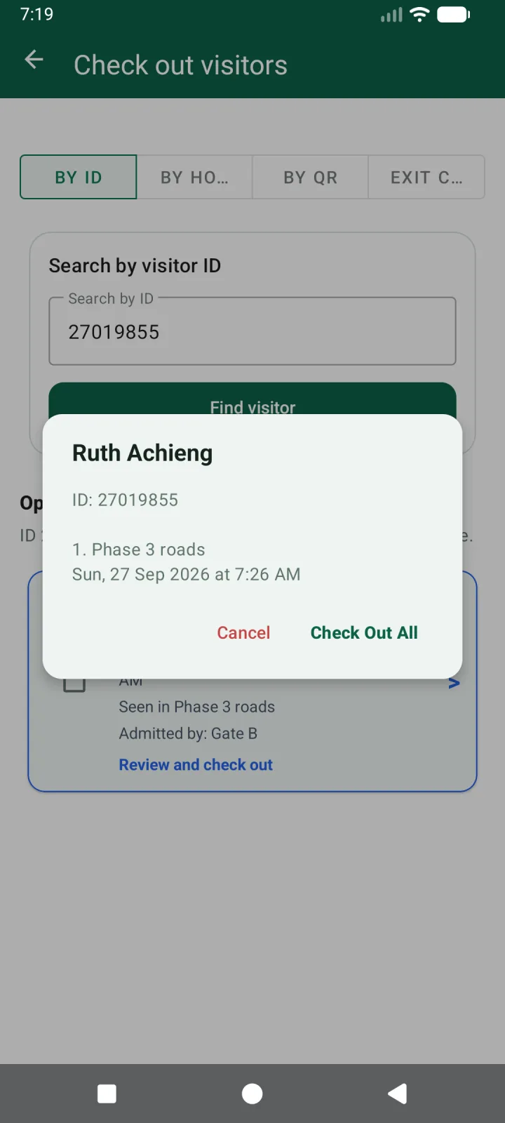 Check out by ID: Ruth Achieng, ID 27019855, Phase 3 roads since 7:26 AM, with Check Out All.