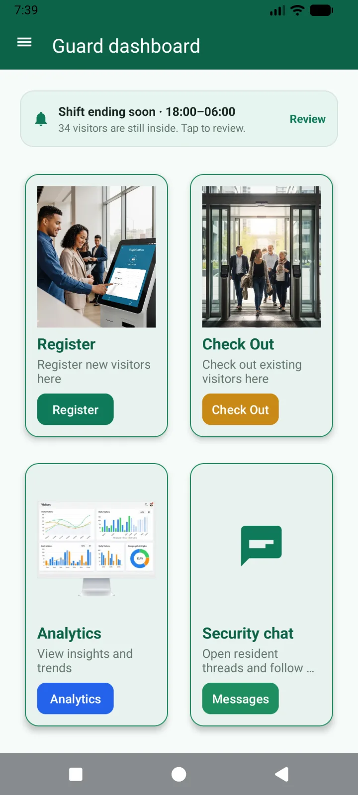 The gate phone’s home screen: shift ending soon, 34 visitors still inside, tap to review.