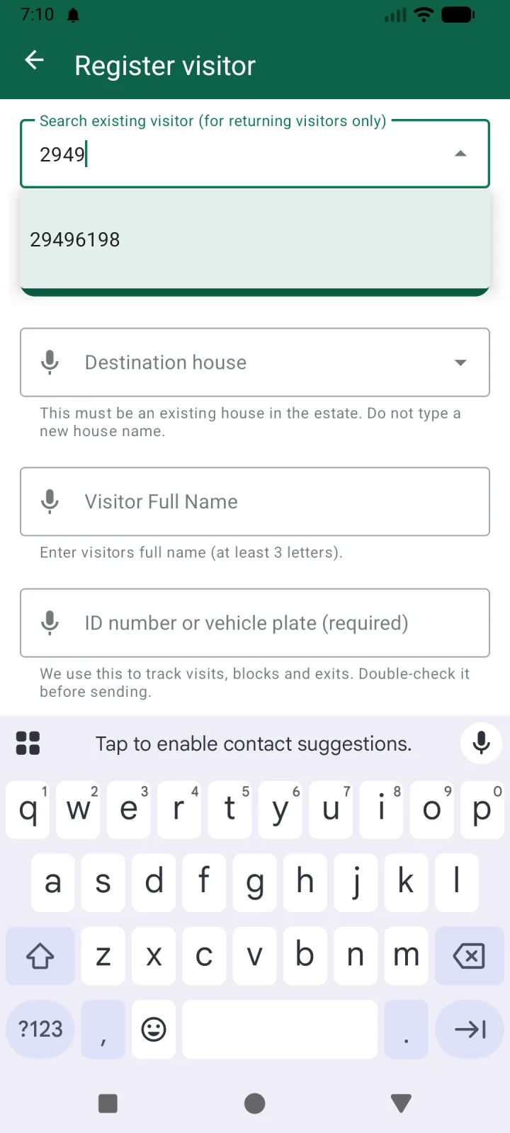 GuestPass on the gate phone: typing 2949 in the returning-visitor search suggests ID 29496198.