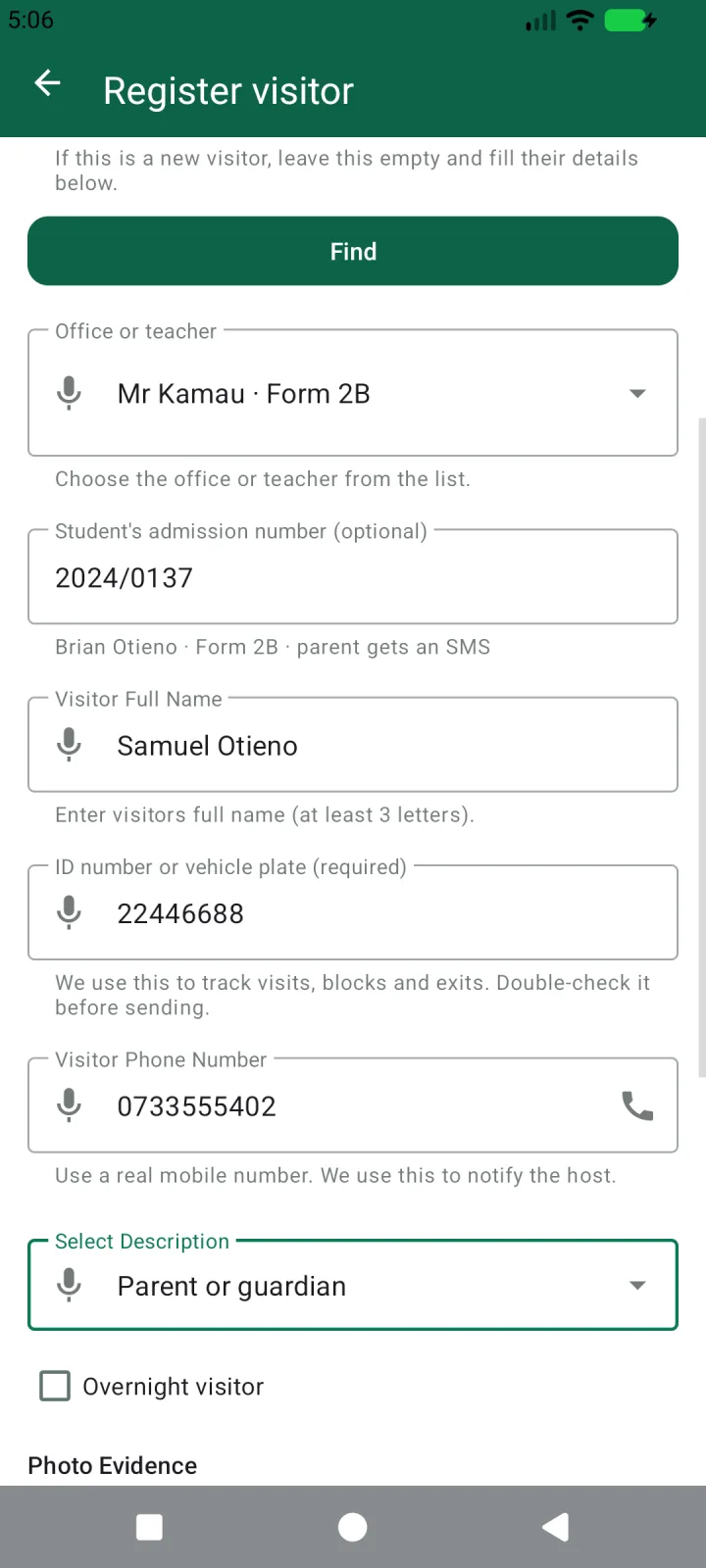 GuestPass on the gate phone: Office or teacher, Mr Kamau · Form 2B; student admission number 2024/0137, found as Brian Otieno, Form 2B, parent gets an SMS; visitor Samuel Otieno.