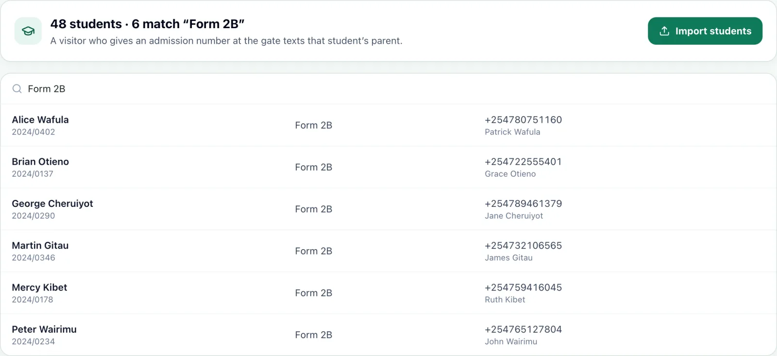 Riverbend Academy’s Students list, searched for Form 2B: Brian Otieno, 2024/0137, parent Grace Otieno, and five classmates, each with a parent’s number.
